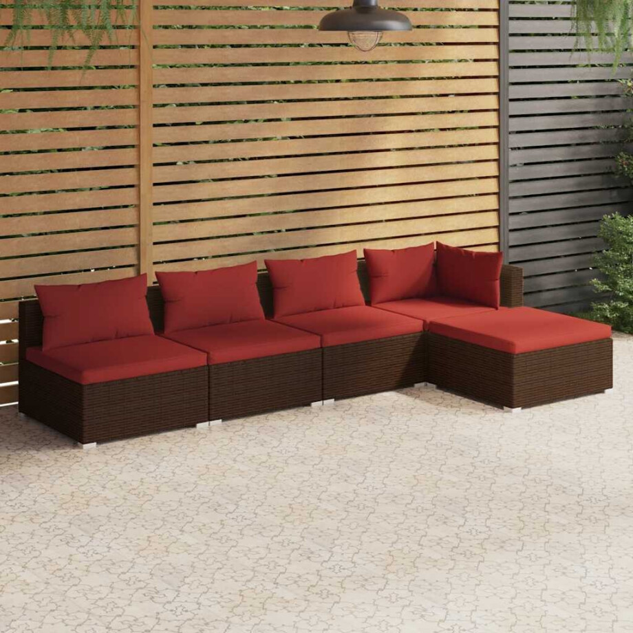 vidaXL 5-delige Loungeset met kussens poly rattan bruin afbeelding 1