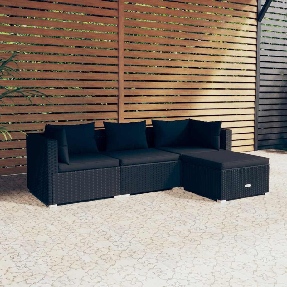 vidaXL 4-delige Loungeset met kussens poly rattan zwart afbeelding 1