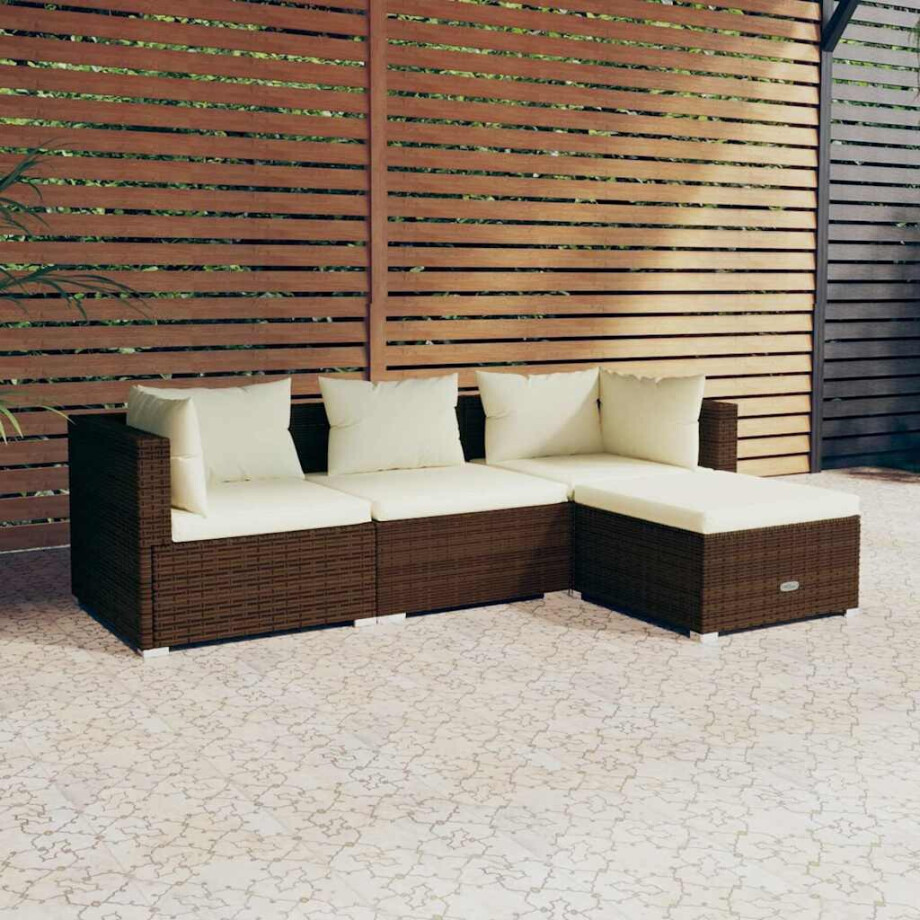 vidaXL 4-delige Loungeset met kussens poly rattan bruin afbeelding 1