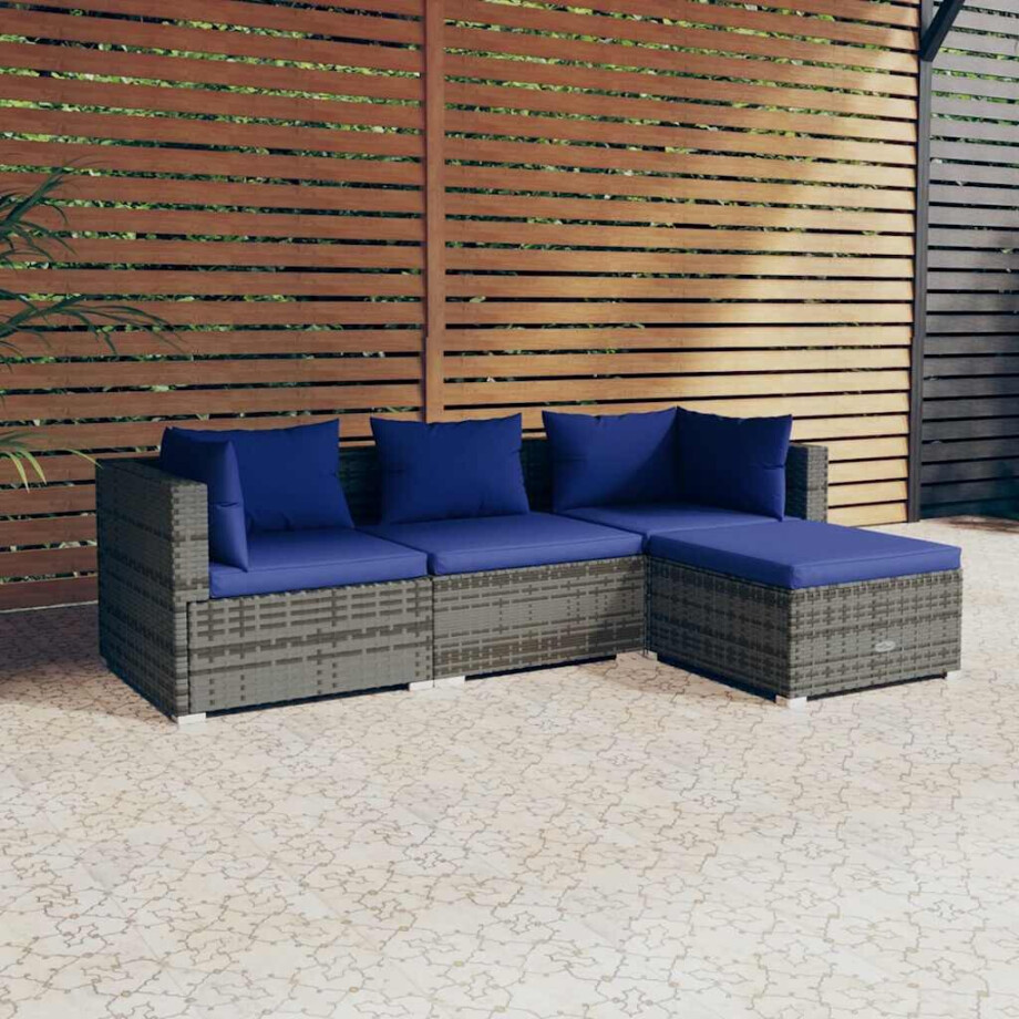 vidaXL 4-delige Loungeset met kussens poly rattan grijs vidaXL 4-delige Loungeset met kussens poly rattan grijs afbeelding 1
