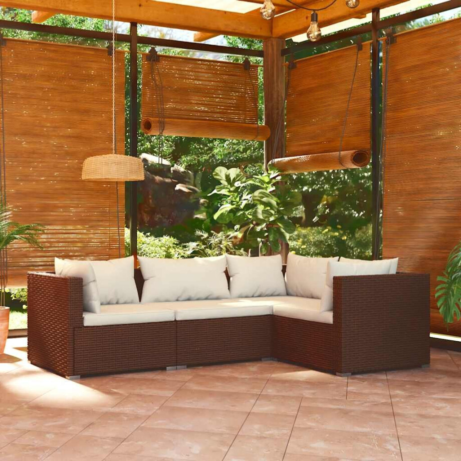 vidaXL 4-delige Loungeset met kussens poly rattan bruin afbeelding 1