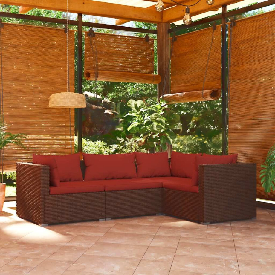 vidaXL 4-delige Loungeset met kussens poly rattan bruin vidaXL 4-delige Loungeset met kussens poly rattan bruin afbeelding 1