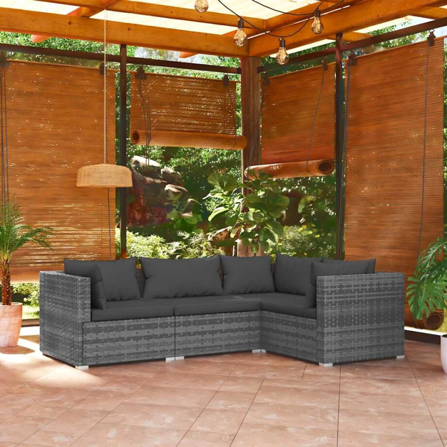 vidaXL 4-delige Loungeset met kussens poly rattan grijs afbeelding 1