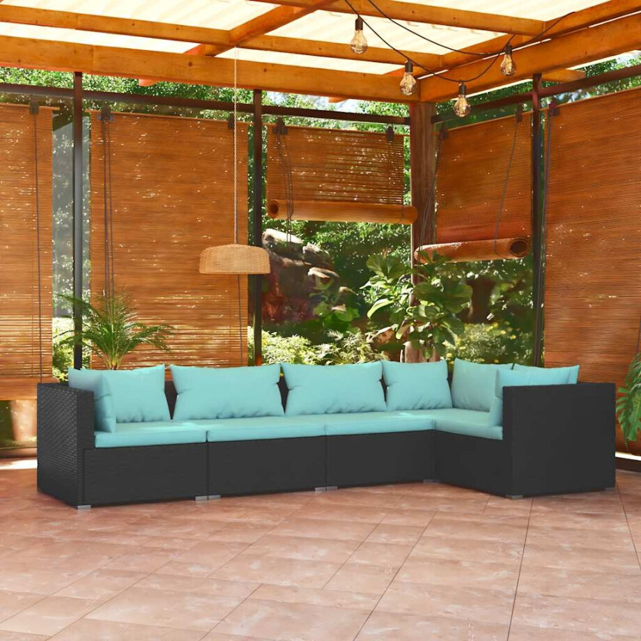 vidaXL 5-delige Loungeset met kussens poly rattan zwart afbeelding 1
