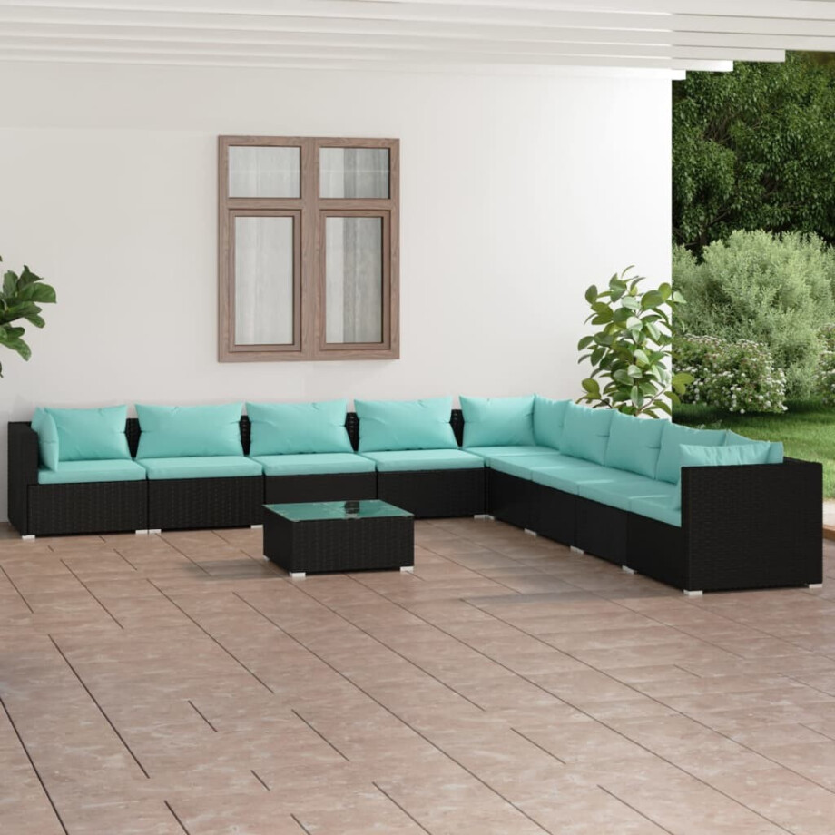 vidaXL 10-delige Loungeset met kussens poly rattan zwart afbeelding 1