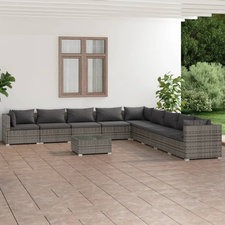 vidaXL 10-delige Loungeset met kussens poly rattan grijs afbeelding 1