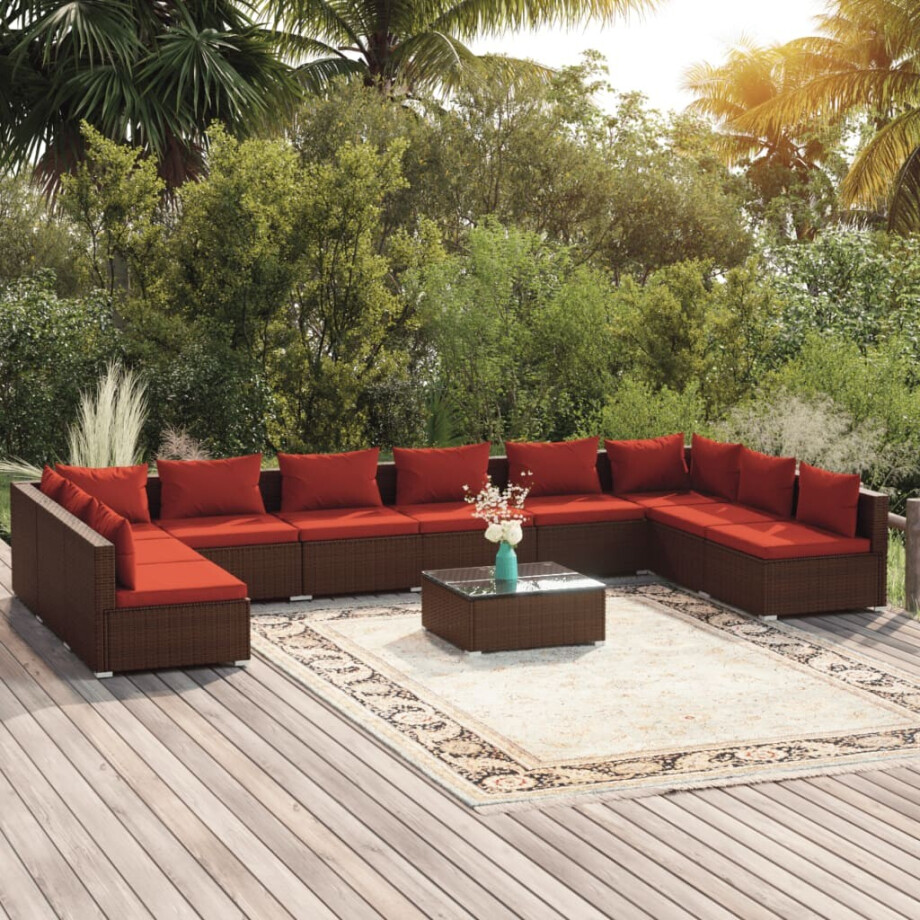 vidaXL 11-delige Loungeset met kussens poly rattan bruin vidaXL 11-delige Loungeset met kussens poly rattan bruin afbeelding 1