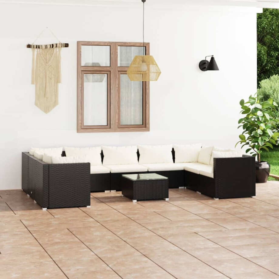 vidaXL 10-delige Loungeset met kussens poly rattan zwart afbeelding 1