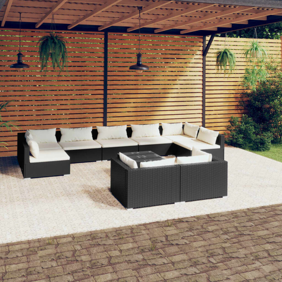 vidaXL 10-delige Loungeset met kussens poly rattan zwart afbeelding 1