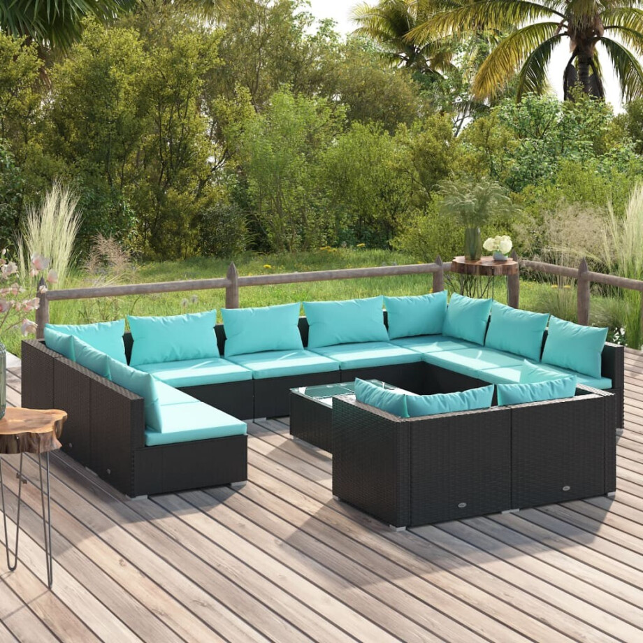 vidaXL 12-delige Loungeset met kussens poly rattan zwart vidaXL 12-delige Loungeset met kussens poly rattan zwart afbeelding 1
