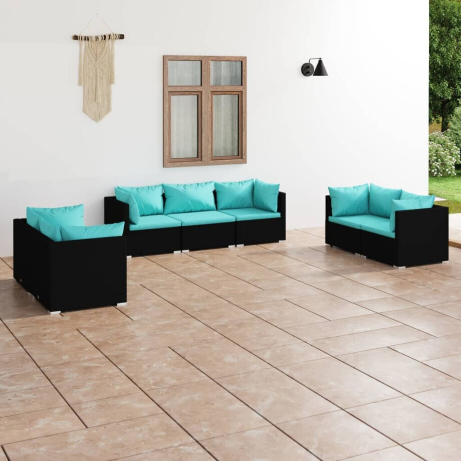 vidaXL 7-delige Loungeset met kussens poly rattan zwart afbeelding 1