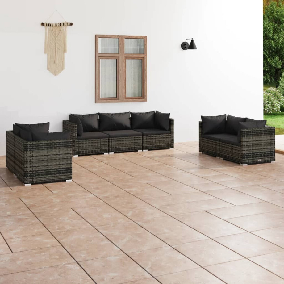 vidaXL 7-delige Loungeset met kussens poly rattan grijs afbeelding 1