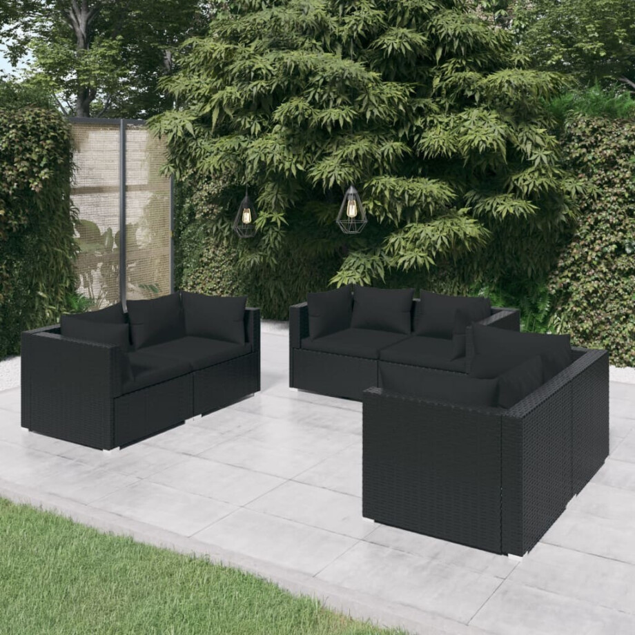 vidaXL 6-delige Loungeset met kussens poly rattan zwart afbeelding 1