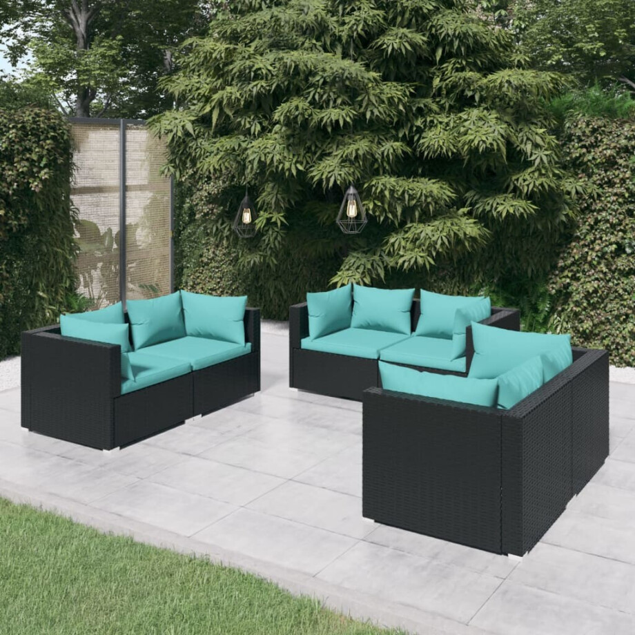 vidaXL 6-delige Loungeset met kussens poly rattan zwart afbeelding 1