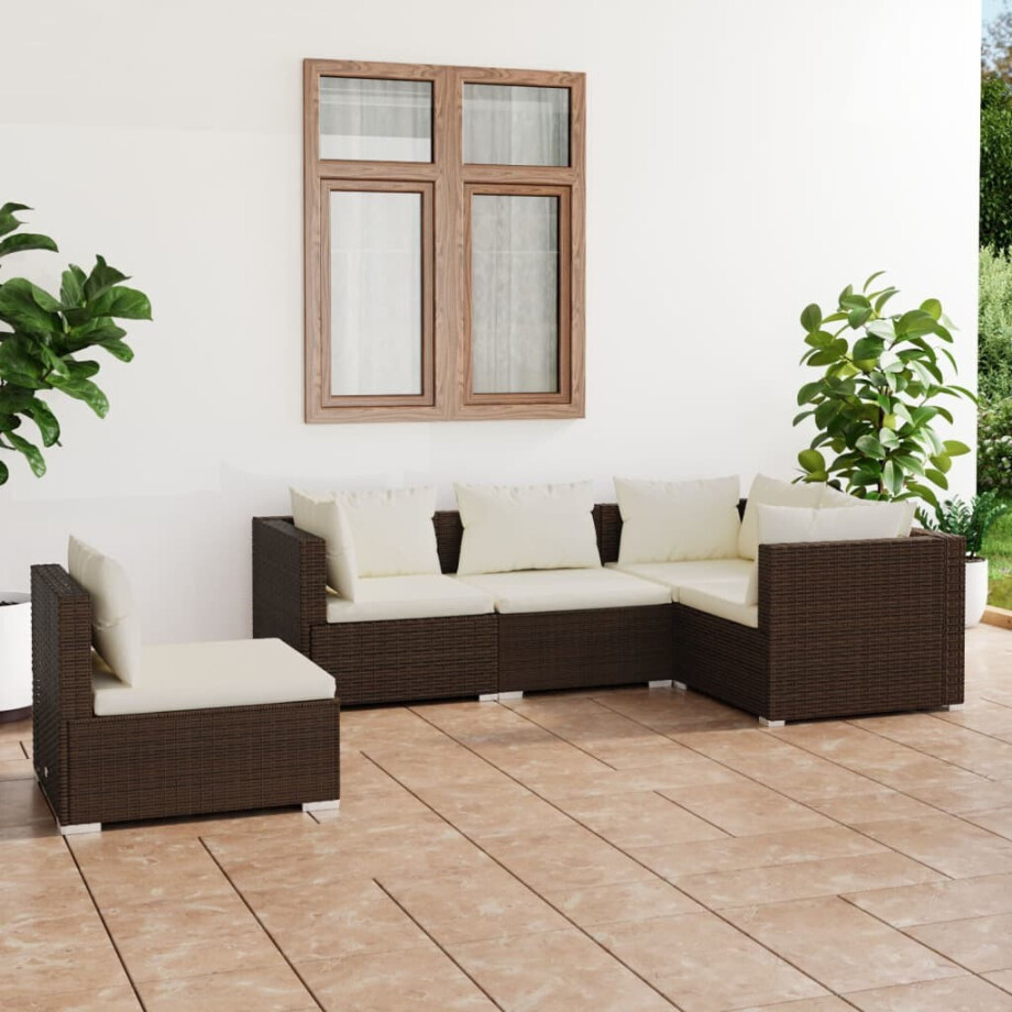 vidaXL 5-delige Loungeset met kussens poly rattan bruin vidaXL 5-delige Loungeset met kussens poly rattan bruin afbeelding 1