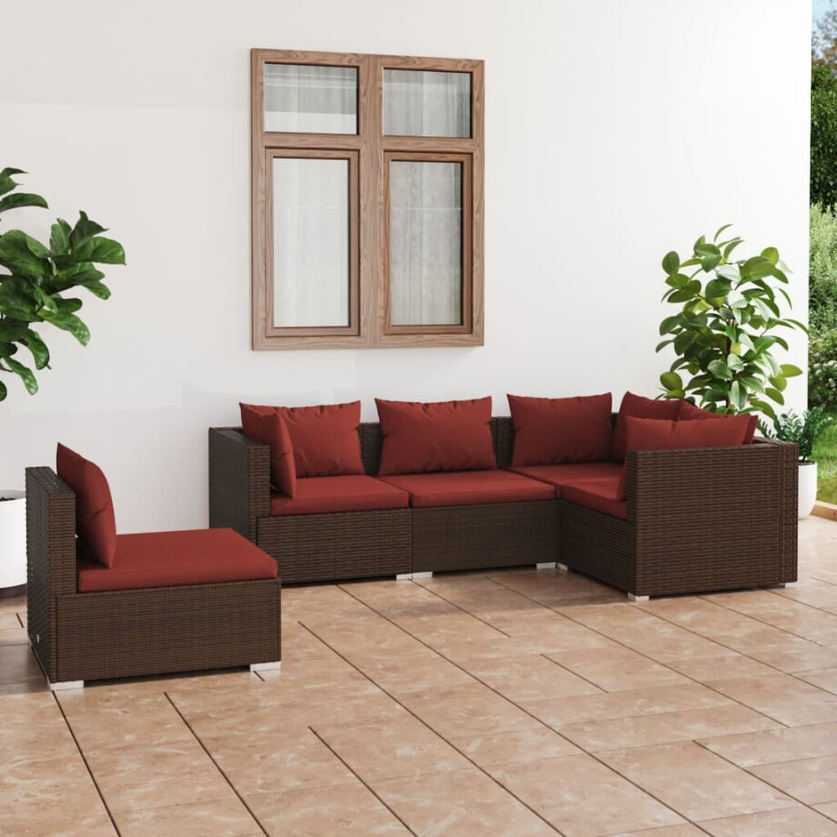 vidaXL 5-delige Loungeset met kussens poly rattan bruin vidaXL 5-delige Loungeset met kussens poly rattan bruin afbeelding 1