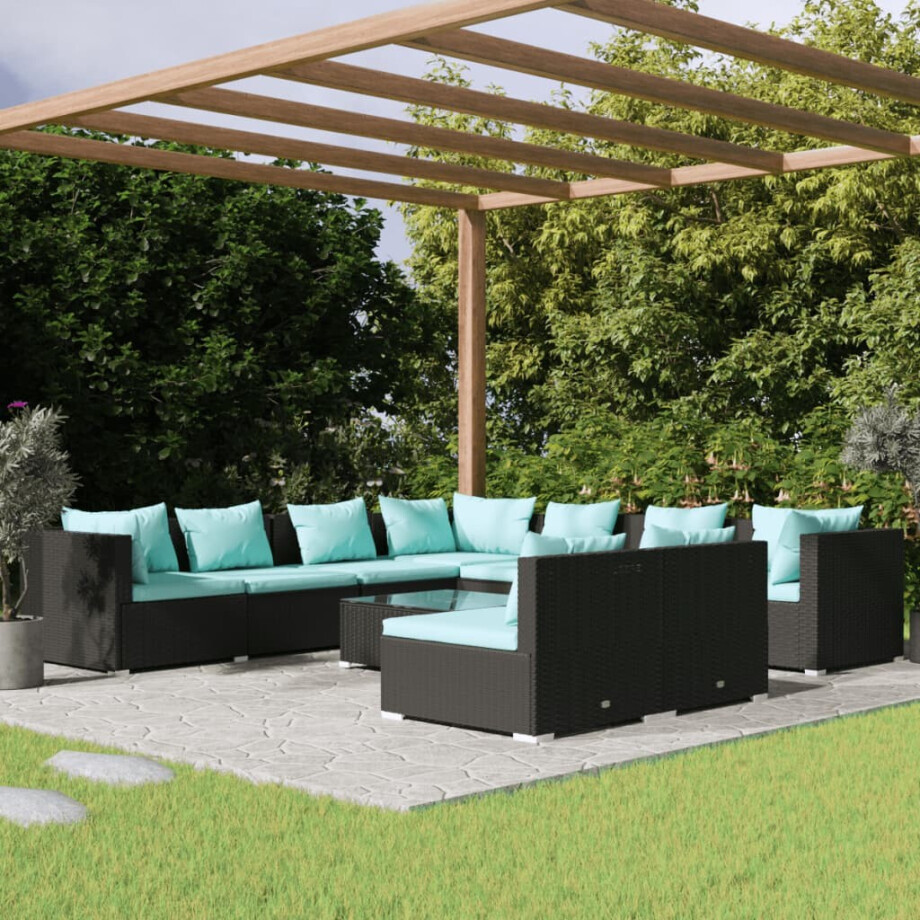 vidaXL 10-delige Loungeset met kussens poly rattan zwart afbeelding 1