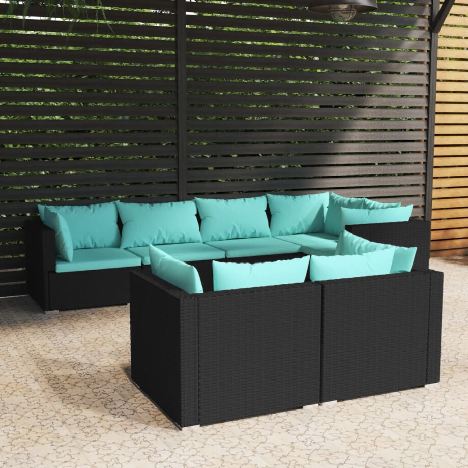 vidaXL 7-delige Loungeset met kussens poly rattan zwart afbeelding 1