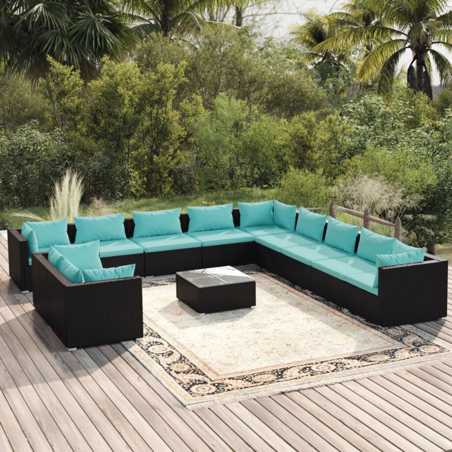 vidaXL 12-delige Loungeset met kussens poly rattan zwart afbeelding 1