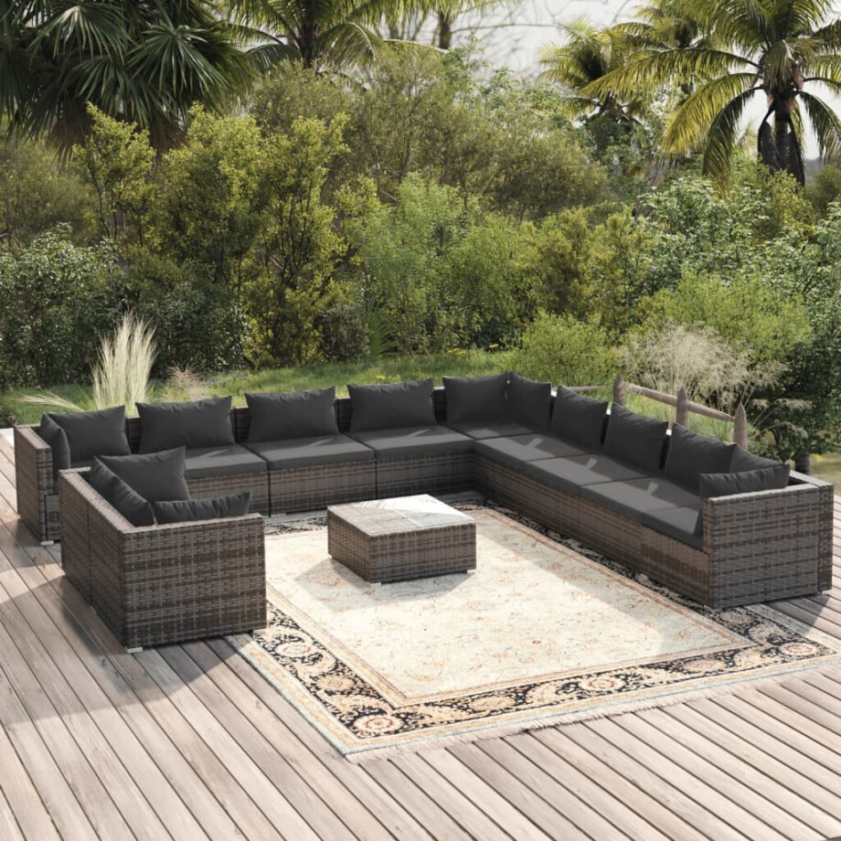 vidaXL 12-delige Loungeset met kussens poly rattan grijs afbeelding 1