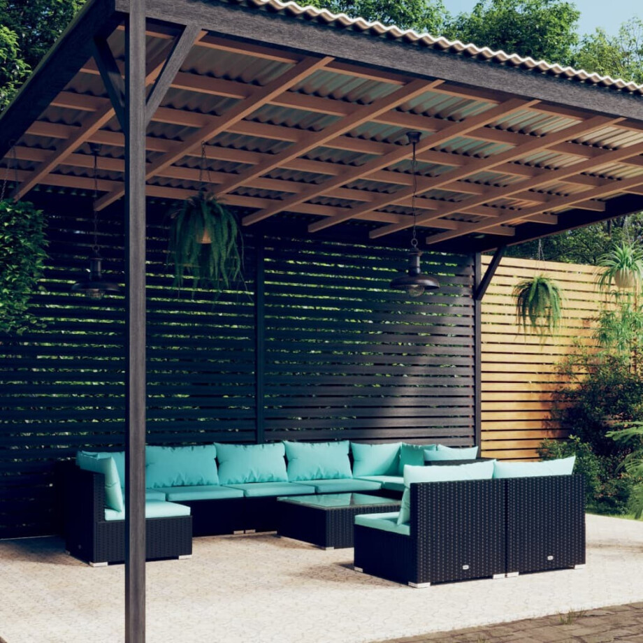 vidaXL 10-delige Loungeset met kussens poly rattan zwart afbeelding 1