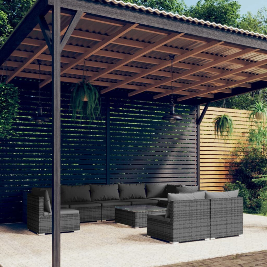 vidaXL 10-delige Loungeset met kussens poly rattan grijs afbeelding 1
