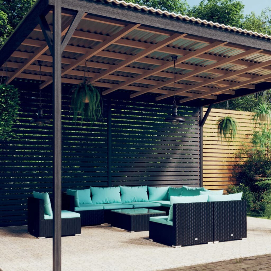 vidaXL 10-delige Loungeset met kussens poly rattan zwart afbeelding 1