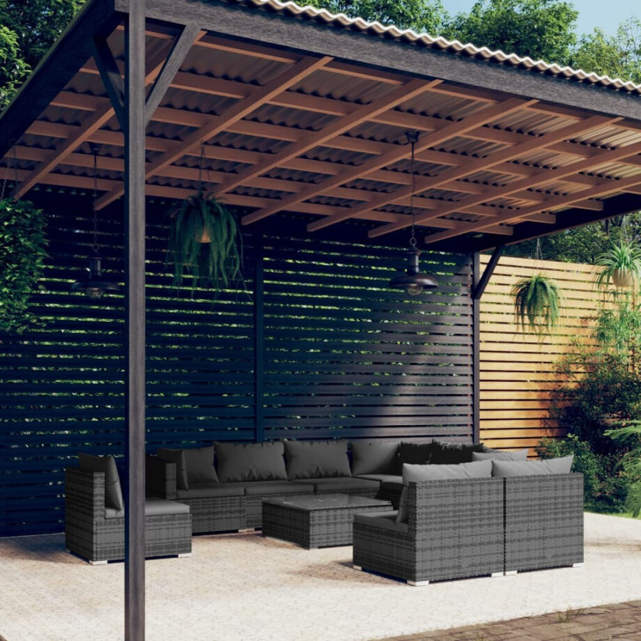 vidaXL 10-delige Loungeset met kussens poly rattan grijs afbeelding 1