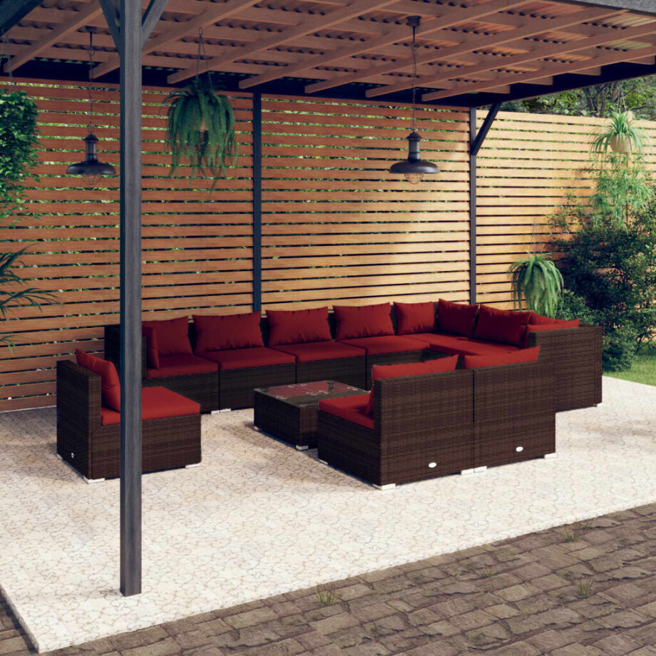 vidaXL 11-delige Loungeset met kussens poly rattan bruin vidaXL 11-delige Loungeset met kussens poly rattan bruin afbeelding 1