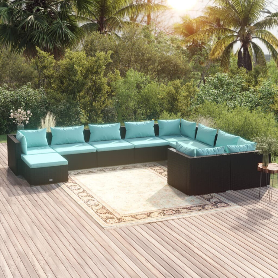 vidaXL 10-delige Loungeset met kussens poly rattan zwart afbeelding 1