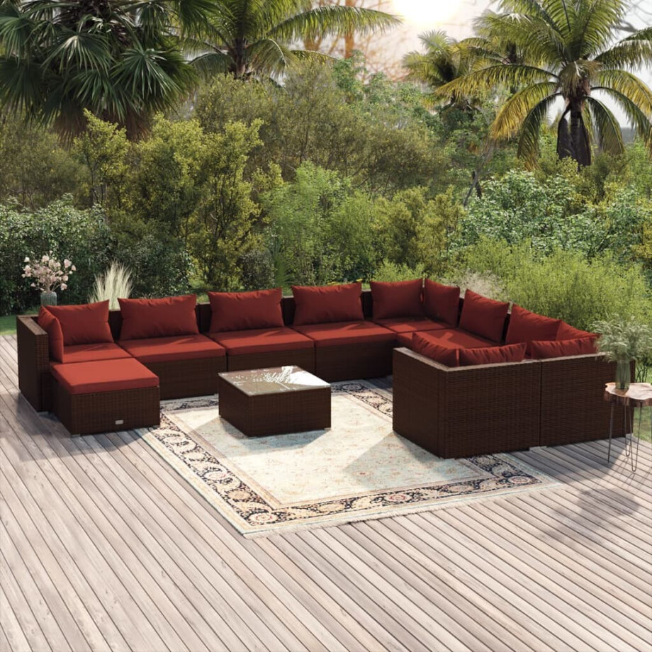 vidaXL 11-delige Loungeset met kussens poly rattan bruin vidaXL 11-delige Loungeset met kussens poly rattan bruin afbeelding 1