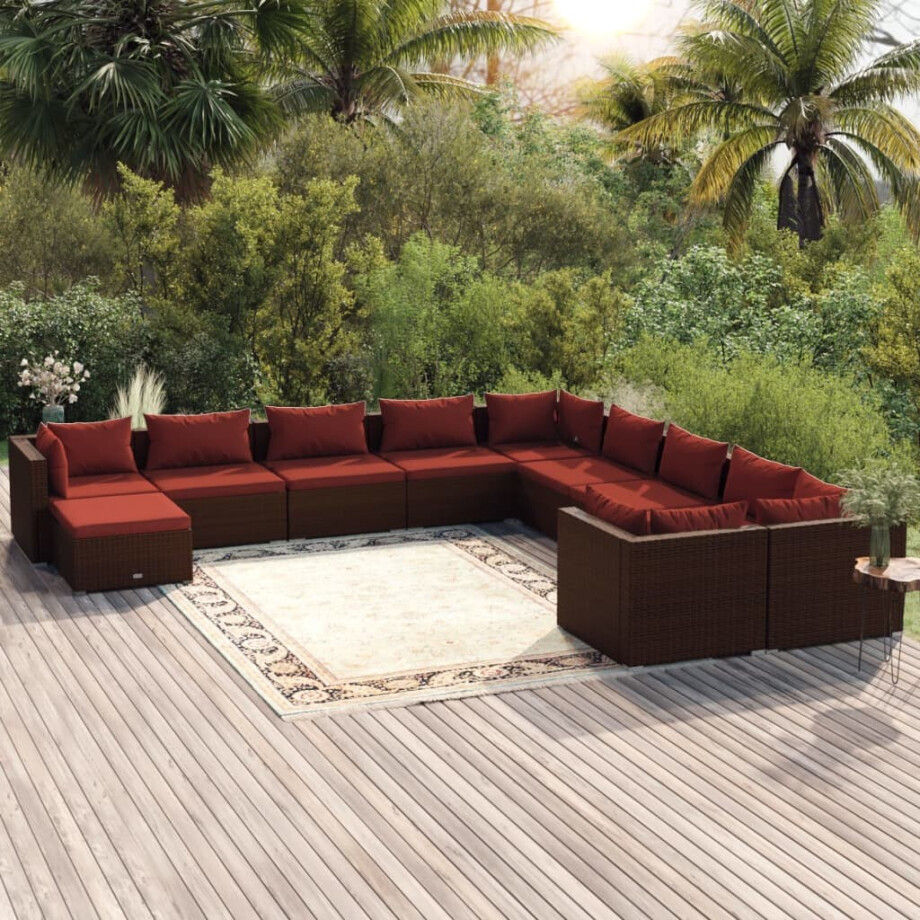 vidaXL 11-delige Loungeset met kussens poly rattan bruin vidaXL 11-delige Loungeset met kussens poly rattan bruin afbeelding 1