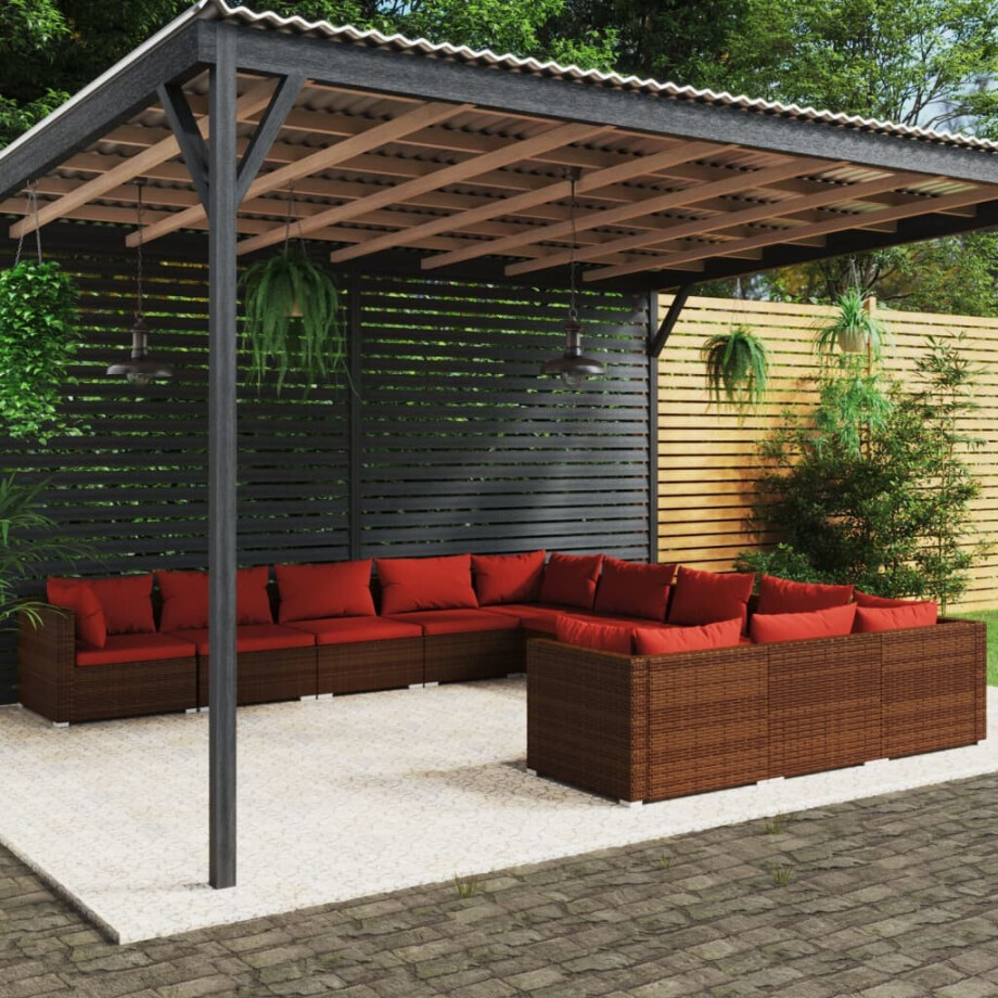 vidaXL 11-delige Loungeset met kussens poly rattan bruin vidaXL 11-delige Loungeset met kussens poly rattan bruin afbeelding 1