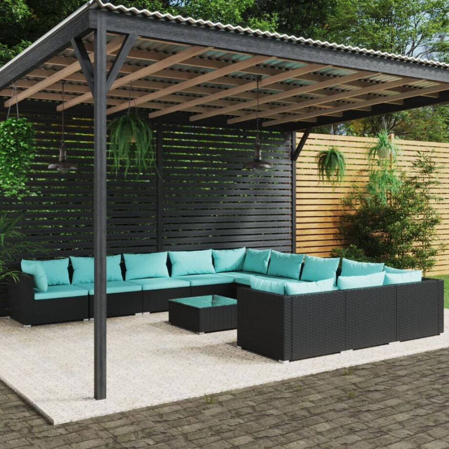 vidaXL 12-delige Loungeset met kussens poly rattan zwart vidaXL 12-delige Loungeset met kussens poly rattan zwart afbeelding 1