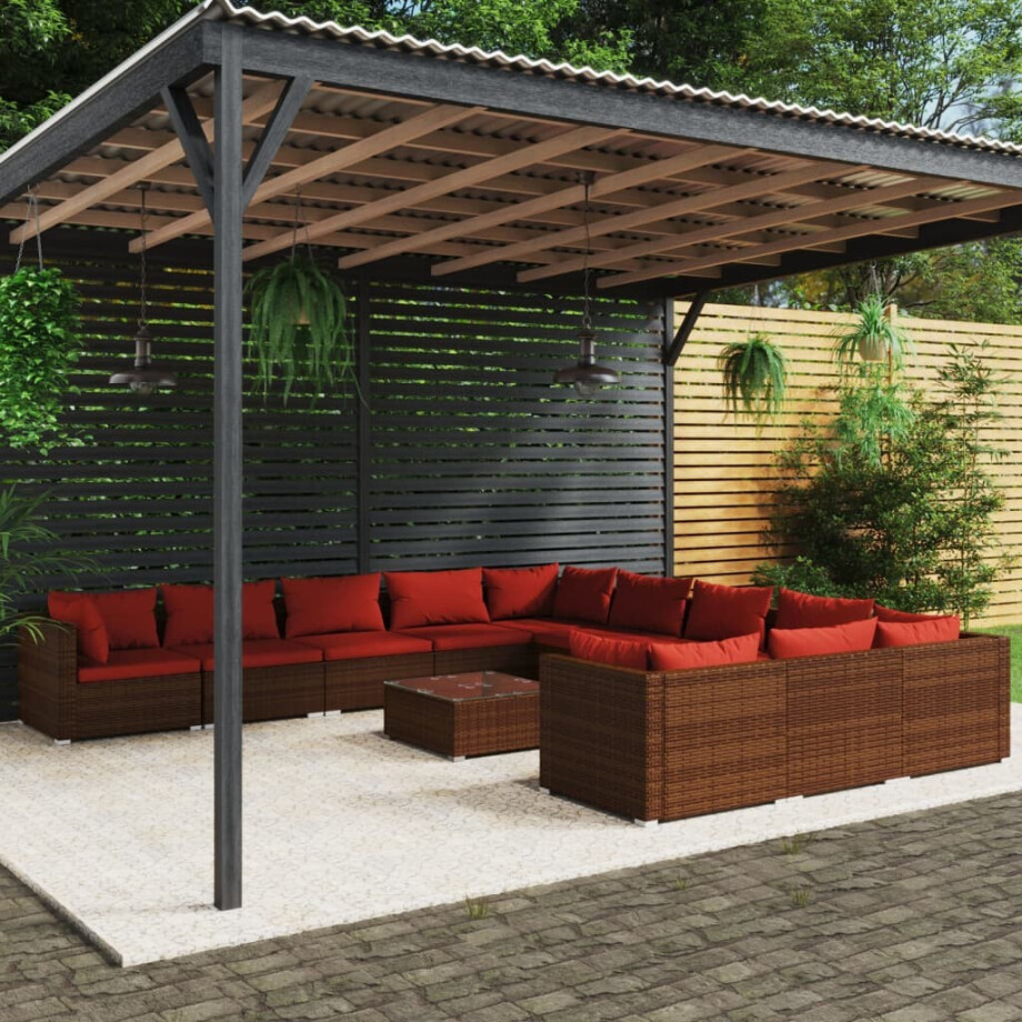 vidaXL 12-delige Loungeset met kussens poly rattan bruin afbeelding 1