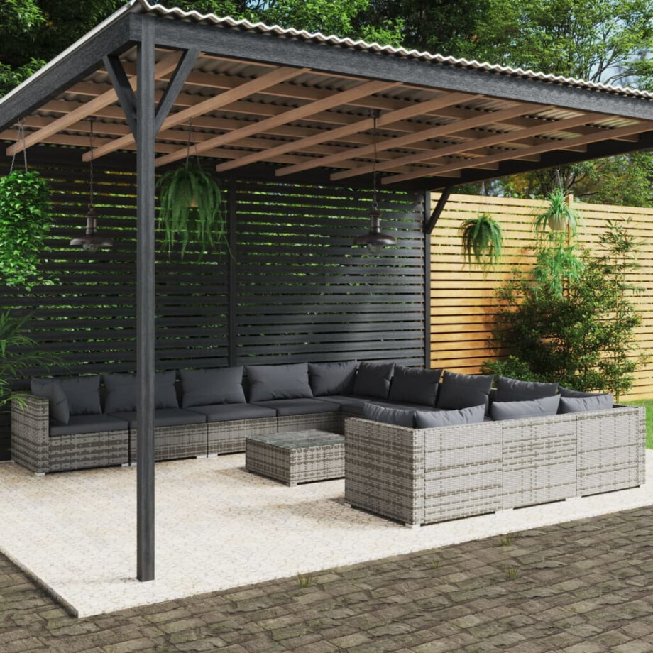 vidaXL 12-delige Loungeset met kussens poly rattan grijs vidaXL 12-delige Loungeset met kussens poly rattan grijs afbeelding 1
