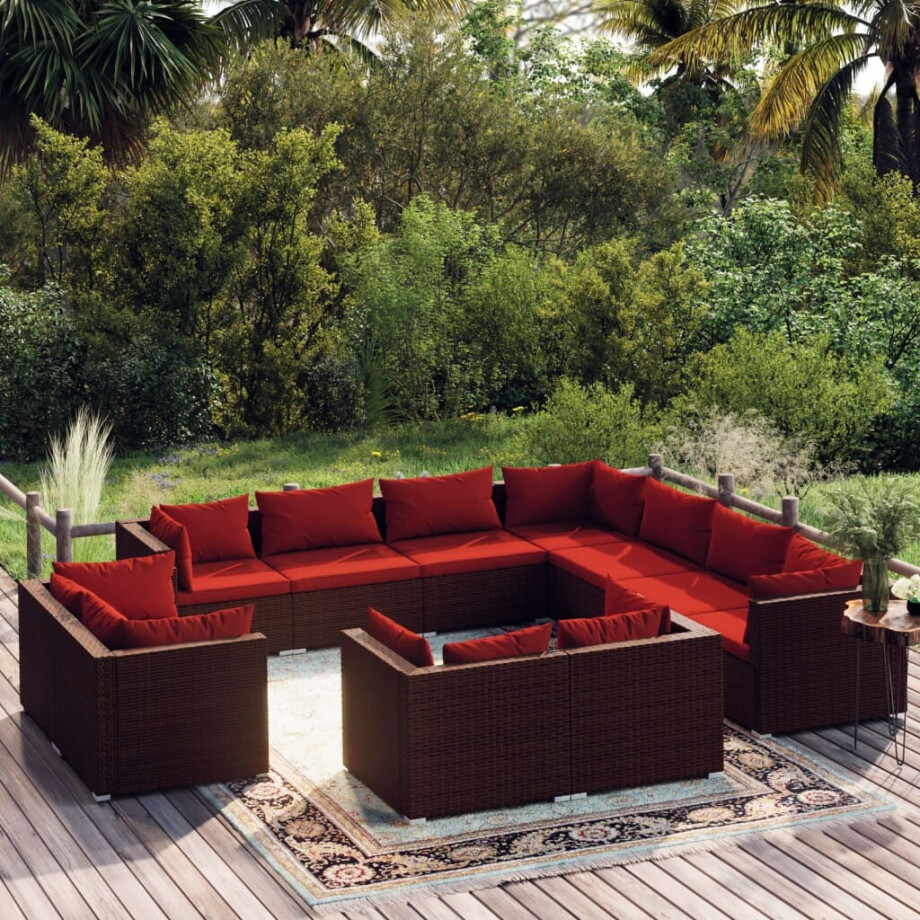 vidaXL 11-delige Loungeset met kussens poly rattan bruin vidaXL 11-delige Loungeset met kussens poly rattan bruin afbeelding 1