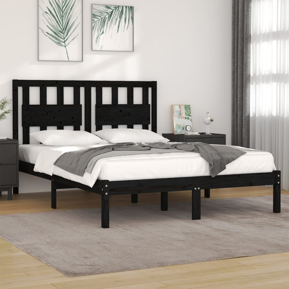 vidaXL Bedframe massief grenenhout zwart 140x190 cm vidaXL Bedframe massief grenenhout zwart 140x190 cm afbeelding 1