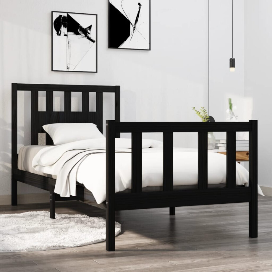 vidaXL Bedframe massief hout zwart 75x190 cm afbeelding 1