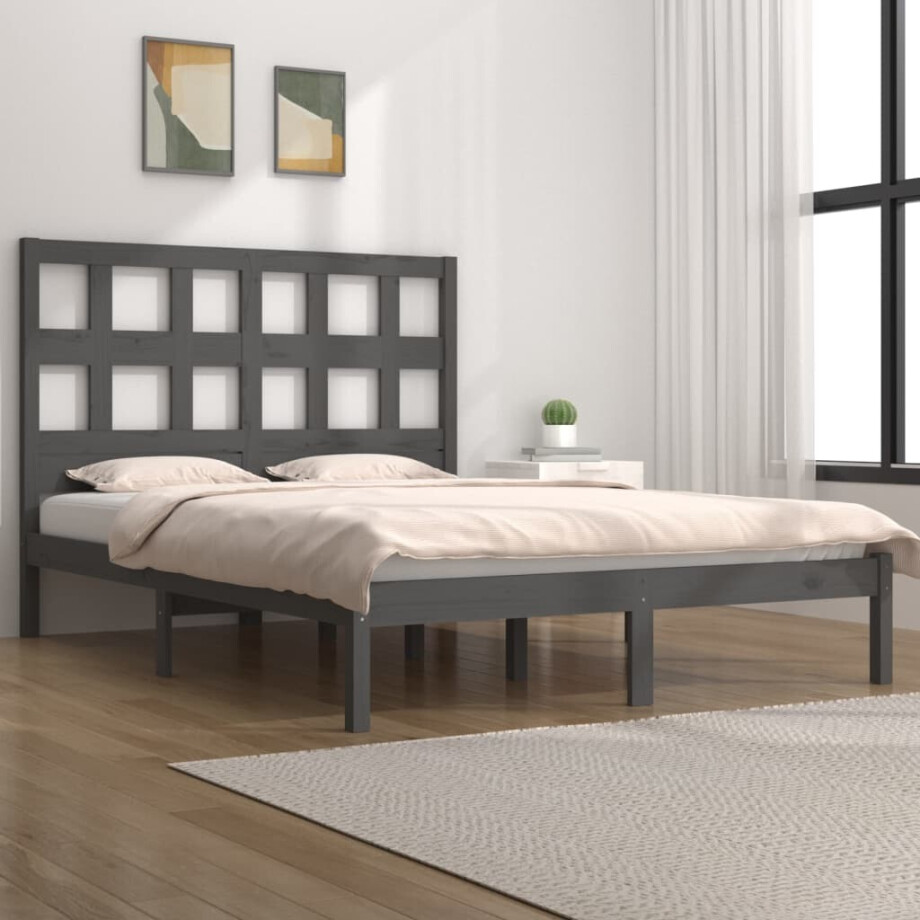 vidaXL Bedframe massief grenenhout grijs 200x200 cm afbeelding 1