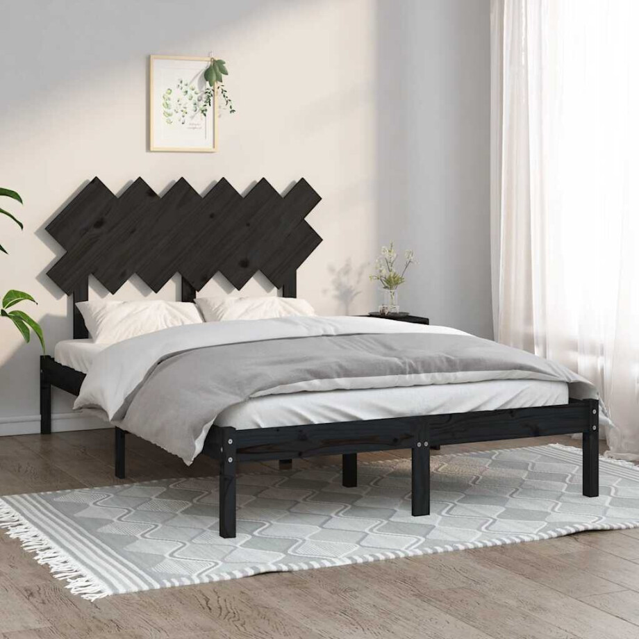vidaXL Bedframe massief hout zwart 135x190 cm afbeelding 1