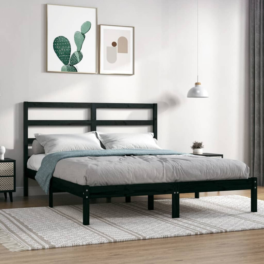 vidaXL Bedframe massief grenenhout zwart 140x190 cm vidaXL Bedframe massief grenenhout zwart 140x190 cm afbeelding 1