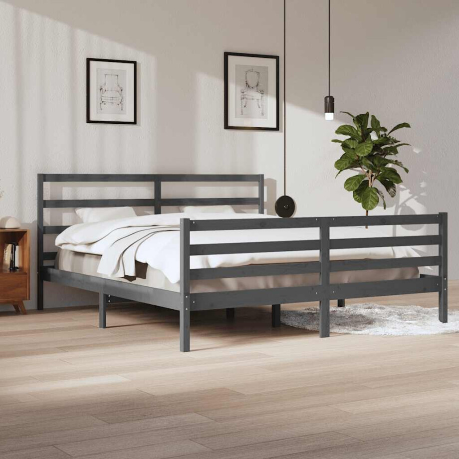 vidaXL Bedframe massief grenenhout grijs 200x200 cm afbeelding 1