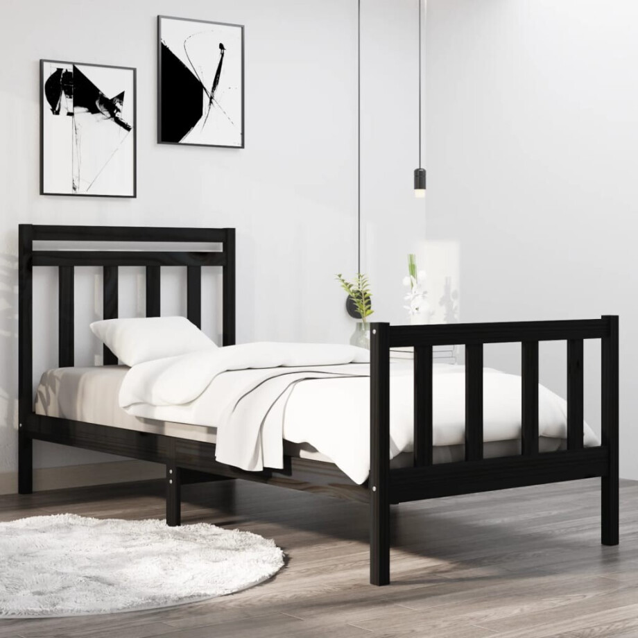 vidaXL Bedframe massief hout zwart 75x190 cm afbeelding 1