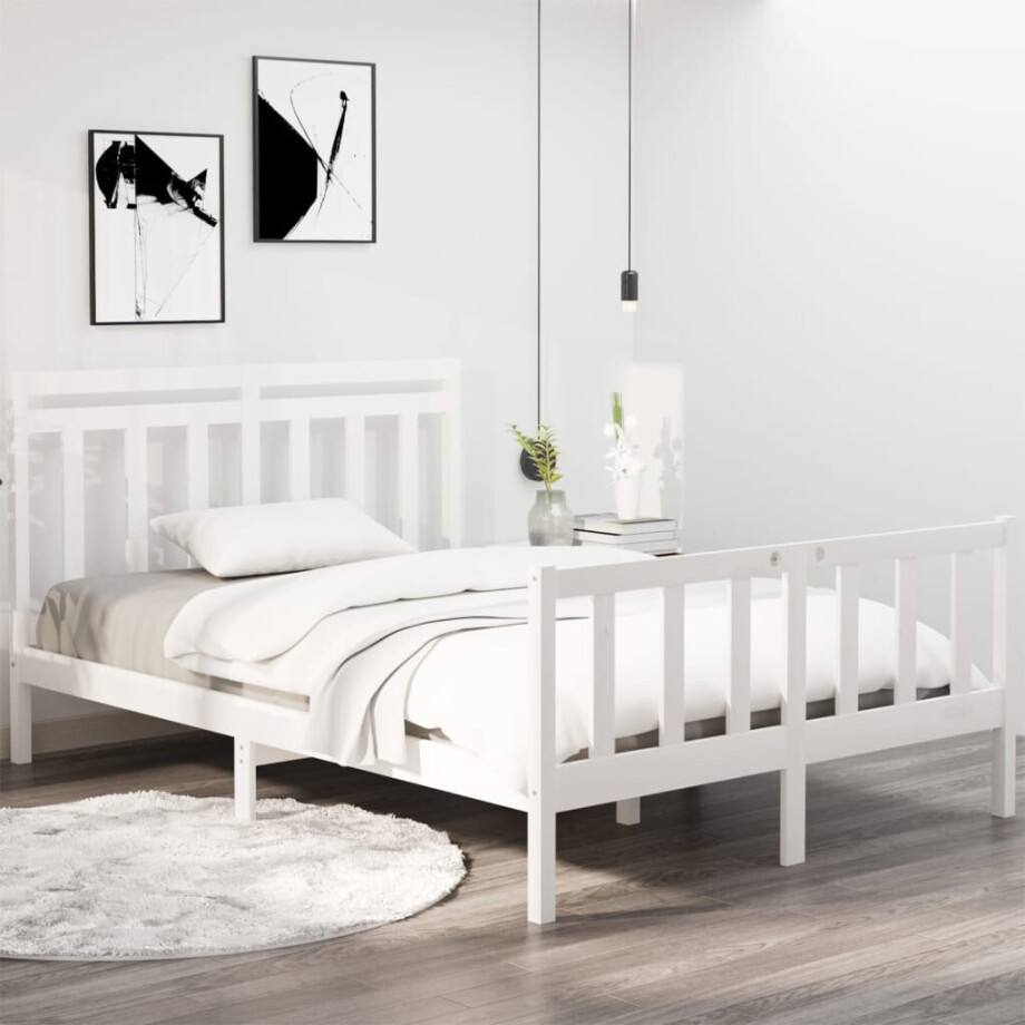 vidaXL Bedframe massief hout wit 135x190 cm afbeelding 1