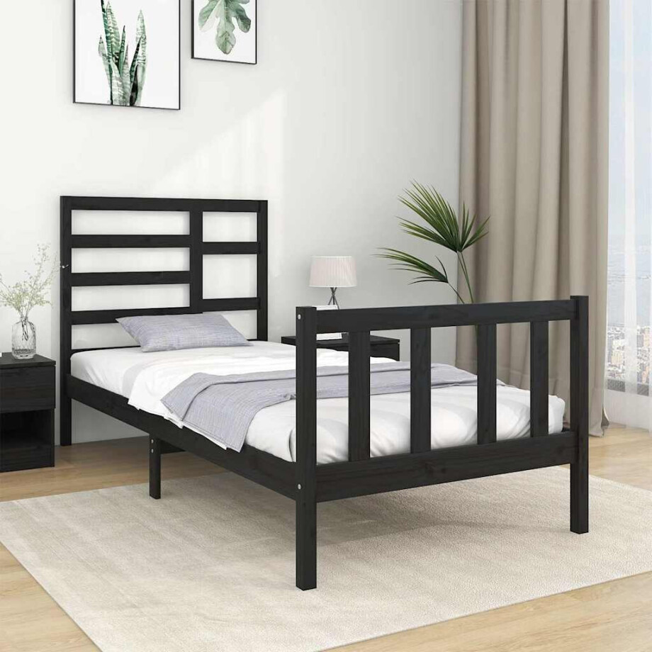 vidaXL Bedframe massief hout zwart 75x190 cm afbeelding 1