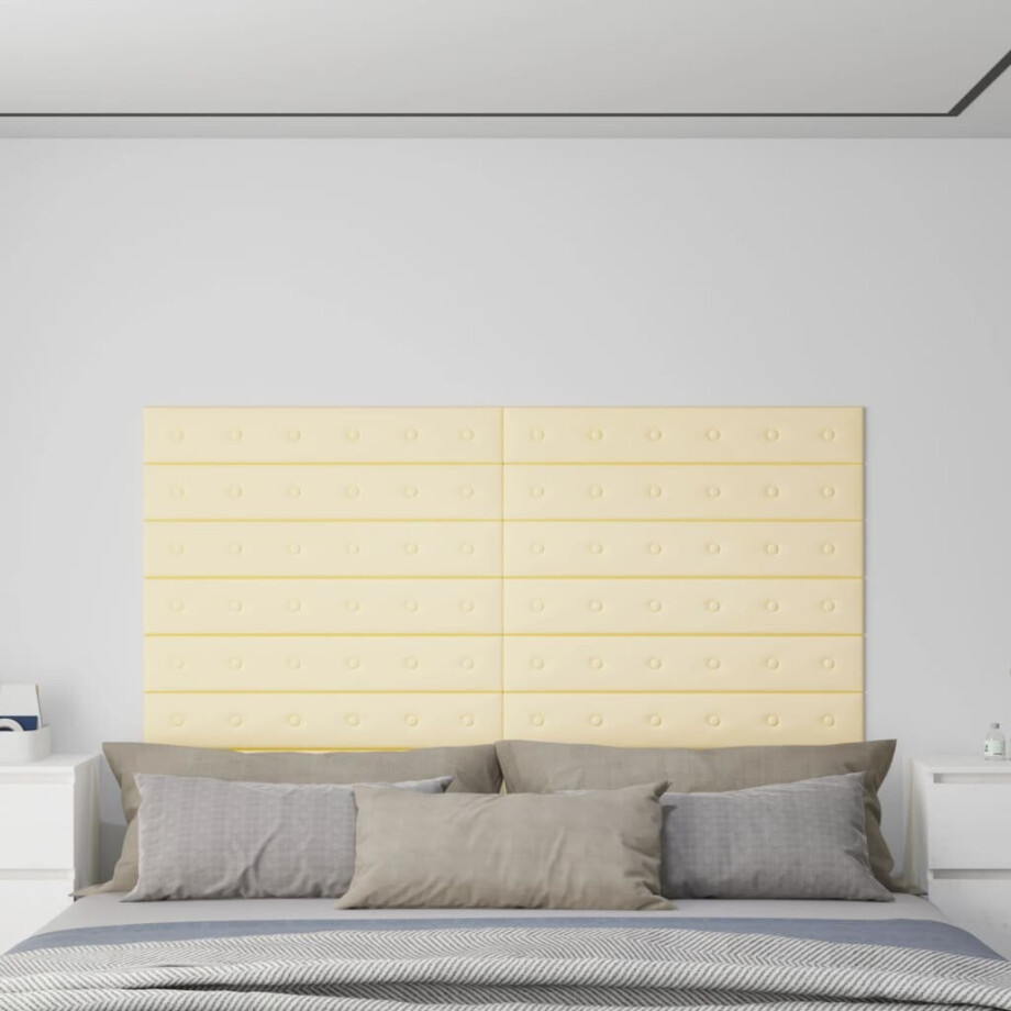 vidaXL Wandpanelen 12 st 1,62 m² 90x15 cm kunstleer crèmekleurig afbeelding 1