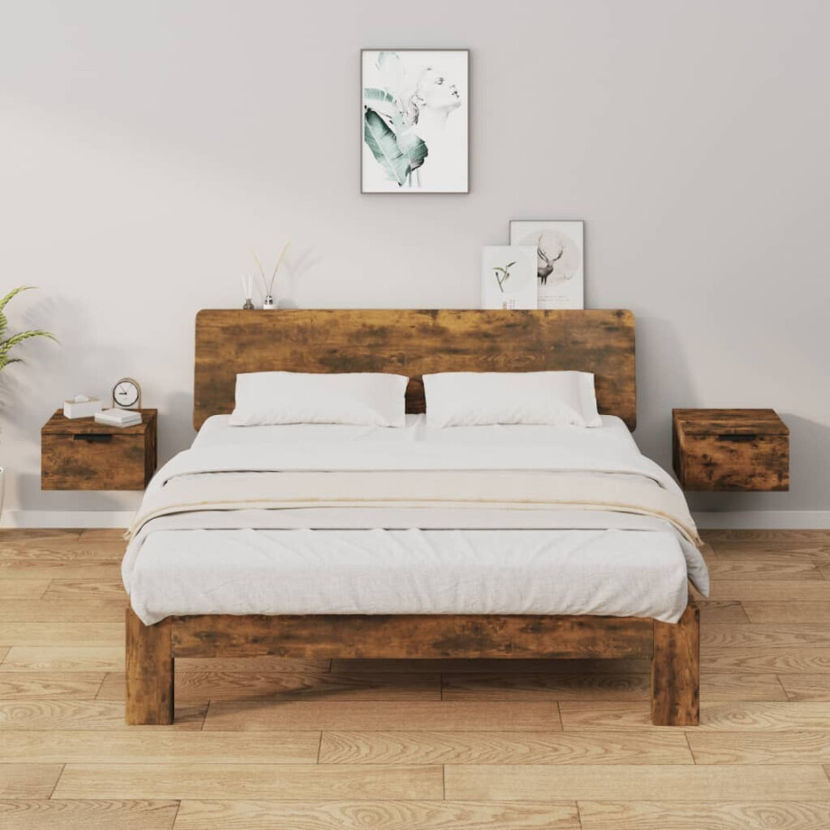 vidaXL Nachtkastjes 2 st wandgemonteerd 34x30x20 cm gerookt eikenkleur afbeelding 1