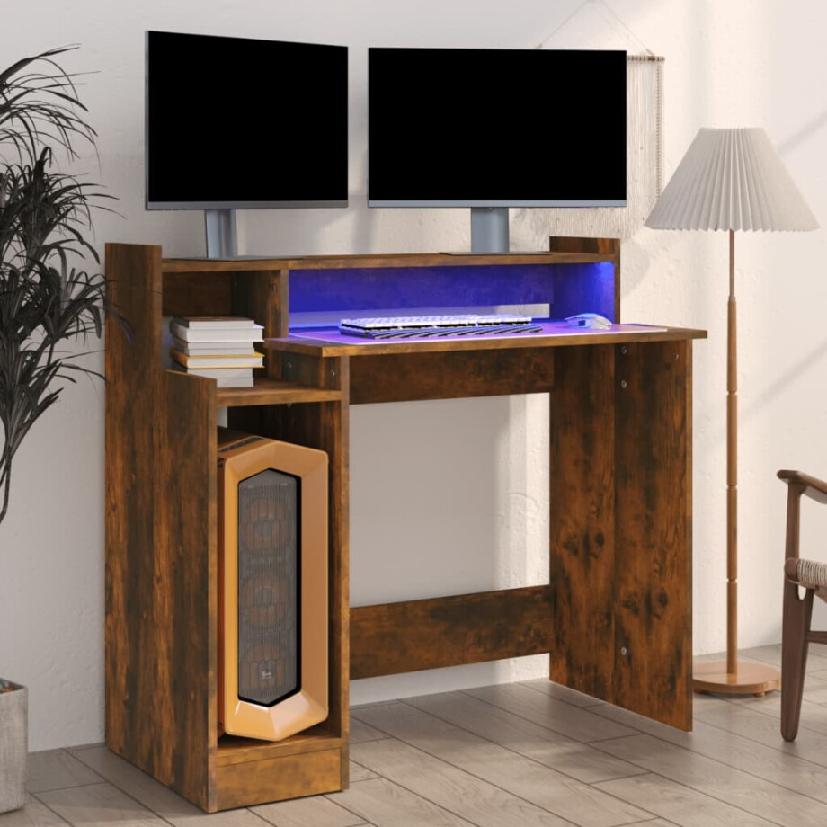 vidaXL Bureau met LED-verlichting 97x45x90 cm hout gerookt eikenkleur afbeelding 1