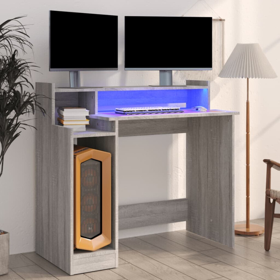 vidaXL Bureau met LED-verlichting 97x45x90 cm hout grijs sonoma eiken afbeelding 1